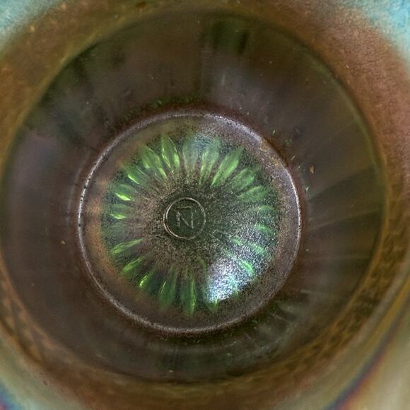 Vintage Northwood Carnival Glass Vase Ruffle Hat Green Iridescent 3.75" Tall - Picture 8 of 15